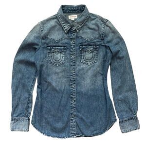 True Religion Women Size S Western Buttondown Denim Shirt Distressed